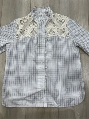 Sandro Paris Blue White Check Lace Yoke Ruffle Button-Up Blouse Size 4